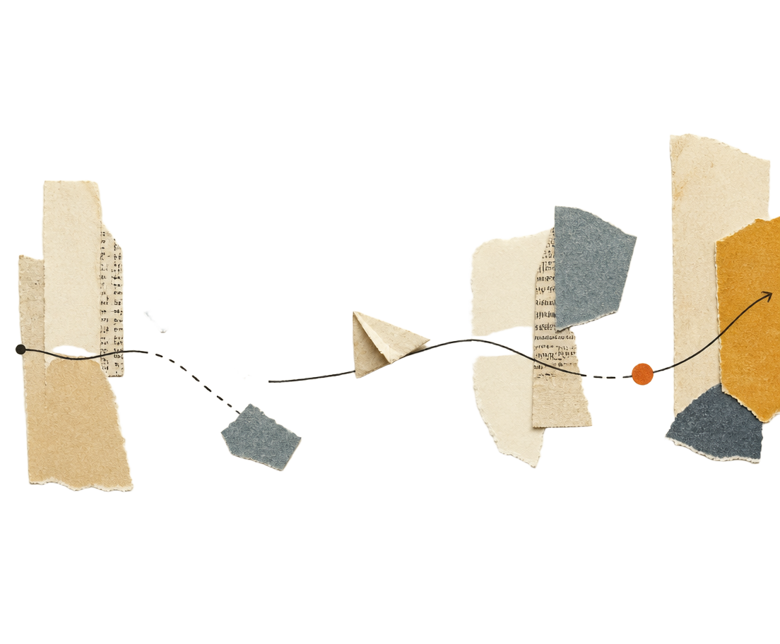 Collage: spridda pappersfragment som samlas längs en tydlig linje mot en pil framåt