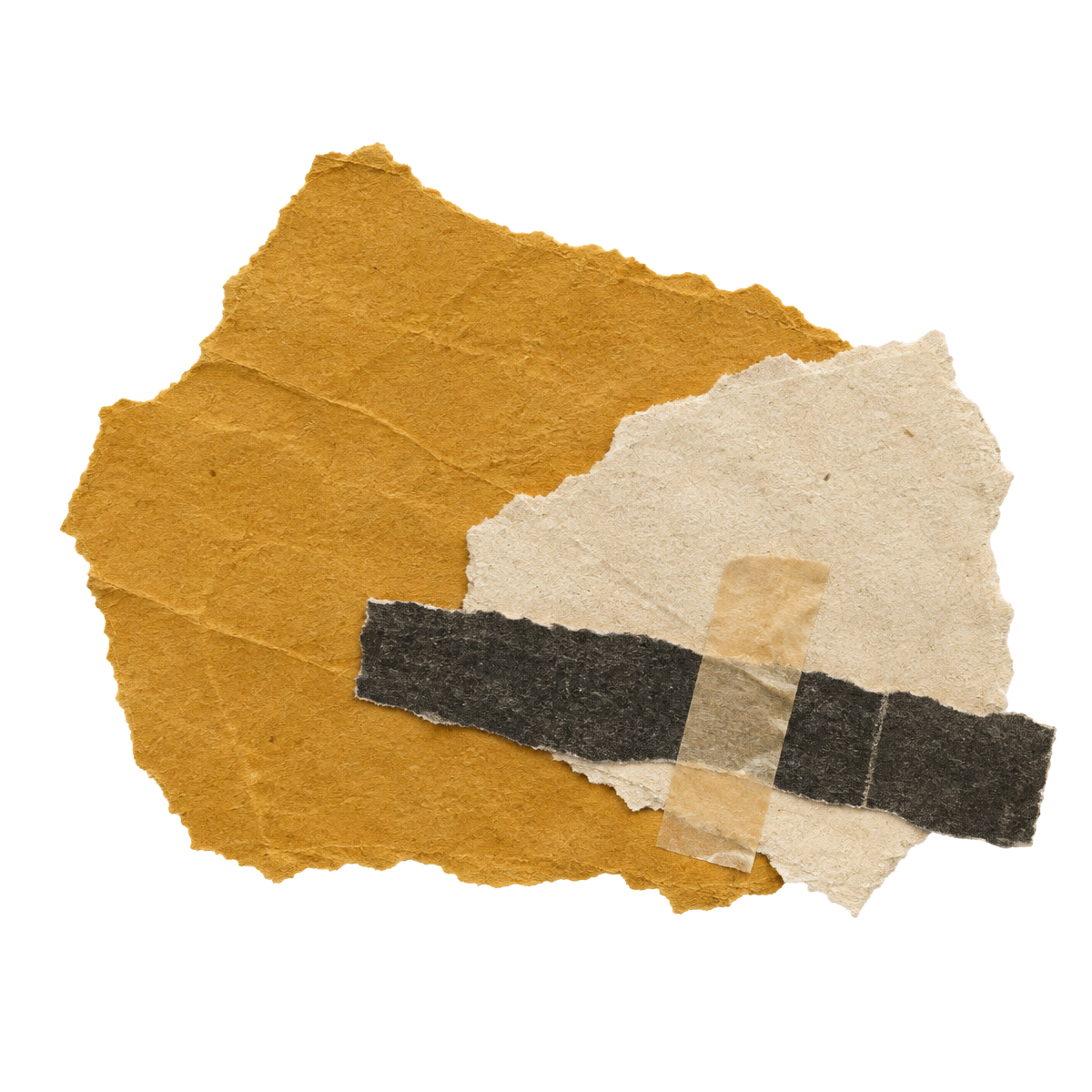 Abstrakt collage av rivet papper i ockra, beige och svart